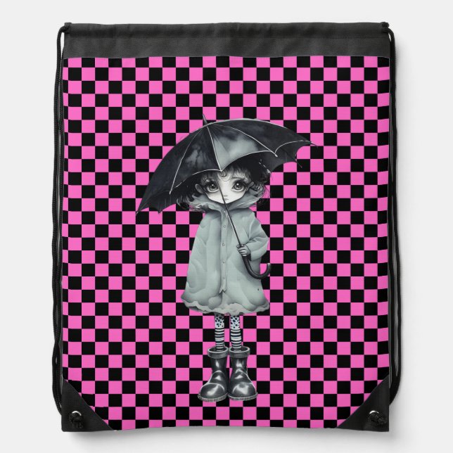 Pink Checkered Umbrella Girl Drawstring Backpack (Front)