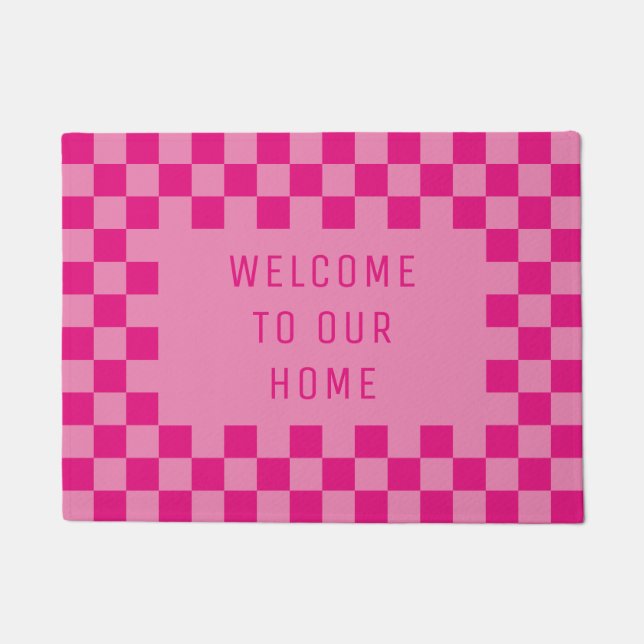 Pink Checkered Welcome Doormat (Front)
