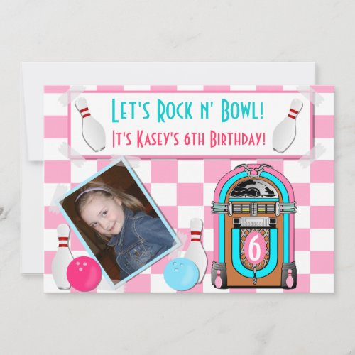 Pink Checkers Rock And Bowl Bowling Birthday Party Invite