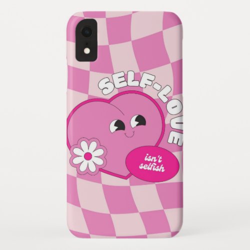 pink checks design with self love iPhone XR case