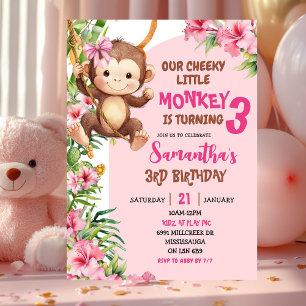 Pink Cheeky Little Monkey Savannah Theme Birthday Invitation