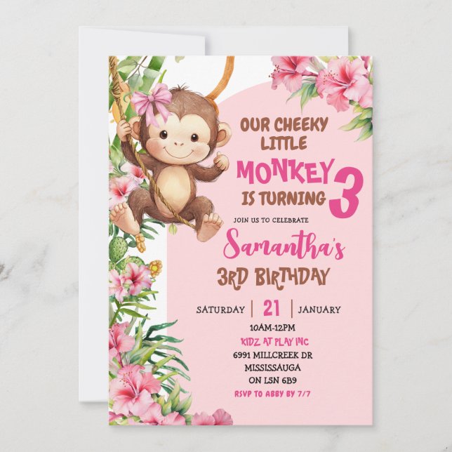 Pink Cheeky Little Monkey Savannah Theme Birthday Invitation (Front)