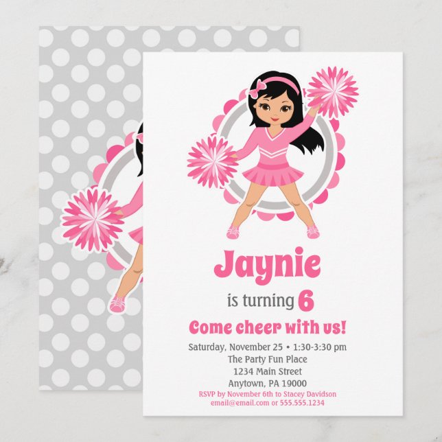 Pink Cheerleader Black Hair Girls Cheer Birthday Invitation (Front/Back)