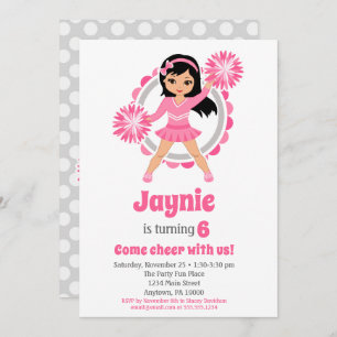 Pink Cheerleader Black Hair Girls Cheer Birthday Invitation