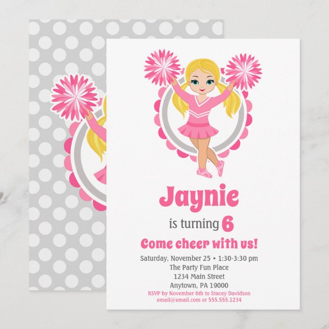 Pink Cheerleader - Blonde Girls Cheer Birthday Invitation (Front/Back)