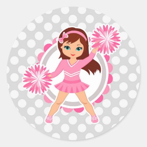 Pink Cheerleader Brunette _ Cute Cheer Classic Round Sticker