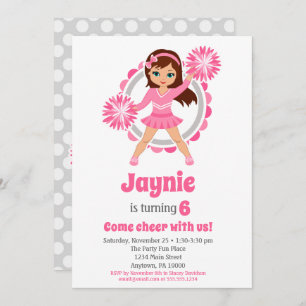 Pink Cheerleader - Brunette Girls Cheer Birthday Invitation