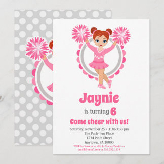 Pink Cheerleader - Redhead Girls Cheer Birthday Invitation