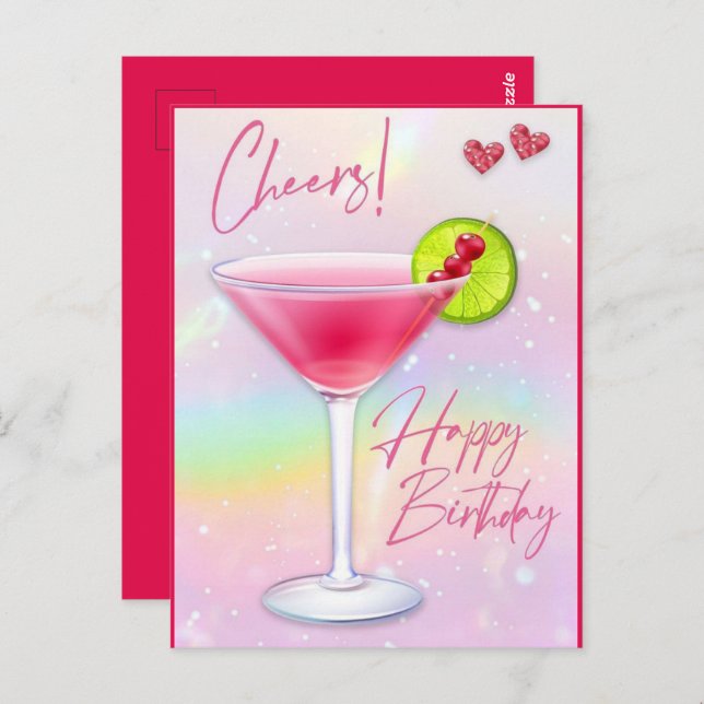 Pink Cheers Happy Birthday Greeting Post Card (Front/Back)