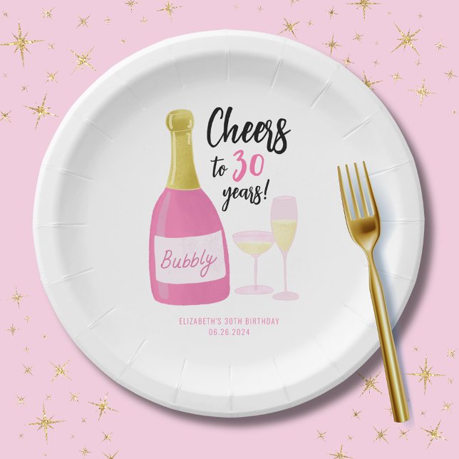 Pink Cheers to 30 years bubbly 30th birthday party Paper Plates (Cheers to 30 years plate.  30th birthday party range with pink sparkling fizz champagne )