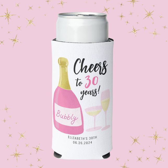 Pink Cheers to 30 years bubbly 30th birthday party Seltzer Can Cooler (Cheers to 30 years pink champagne can cooler.  Full 30th birthday party range collection.)