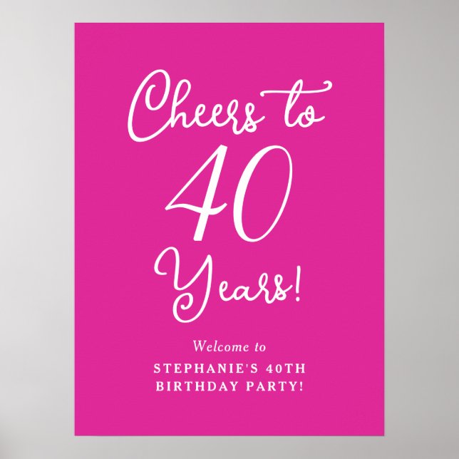Pink Cheers to 40 Years 40th Birthday Welcome Sign (Front)