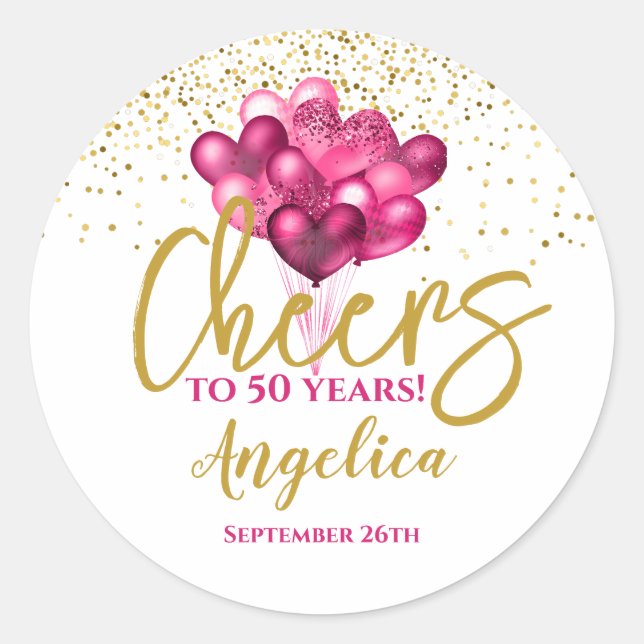 Pink Cheers To 50 Years 50th Birthday Classic Round Sticker (Front)