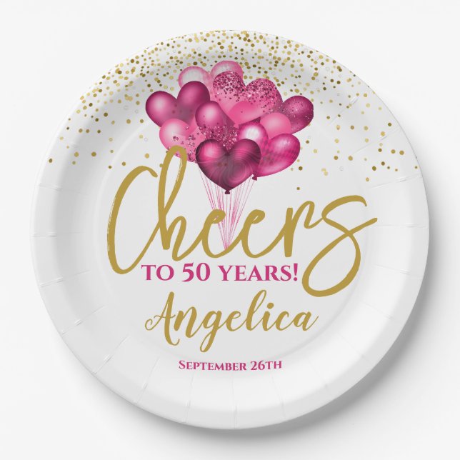 Pink Cheers To 50 Years 50th Birthday Paper Plates (Front)