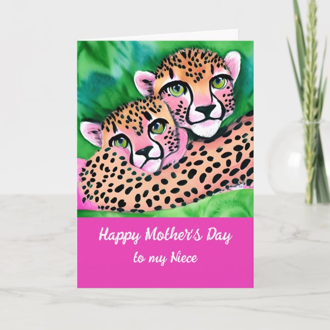 Pink Cheetah Cub + Mom Niece Mothers Day  Card (Front)