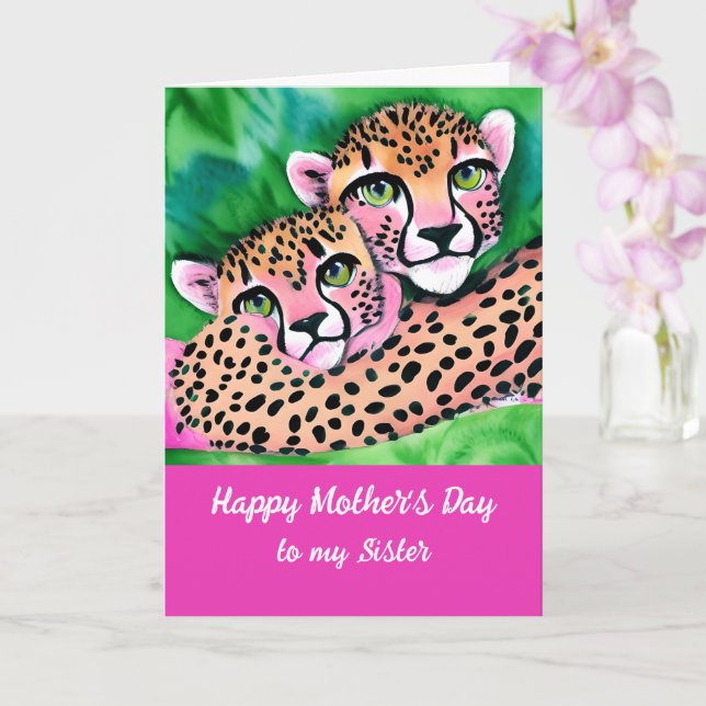 Pink Cheetah Cub + Mom Sister Mothers Day  Card (Orchid)