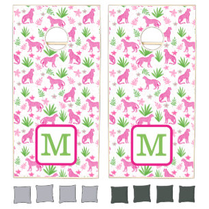 Pink Cheetah Floral Monogram Preppy White Cornhole Set