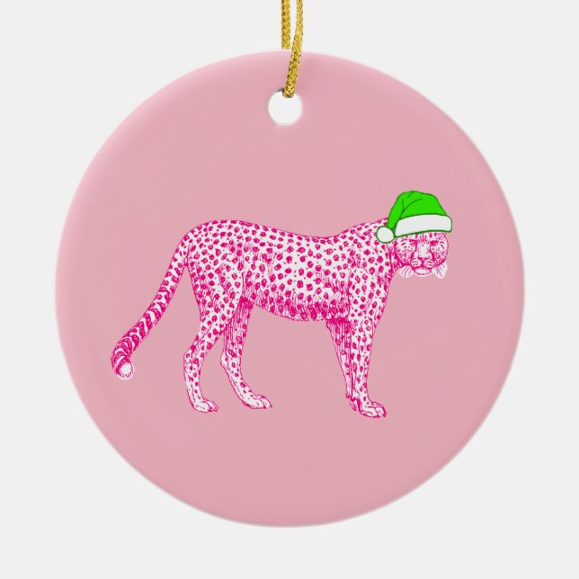 Pink Cheetah in a Santa Hat Ceramic Ornament (Front)