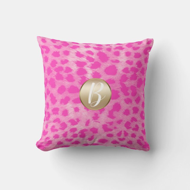 Pink Cheetah Leopard Print Monogram Gold Glitter Throw Pillow (Front)