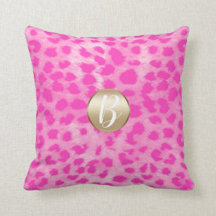 Pink Cheetah Leopard Print Monogram Gold Glitter Throw Pillow