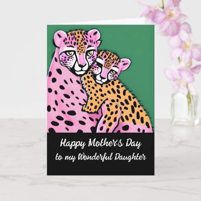 Pink Cheetah Mom + Cub Daughter Mothers Day  Card (Orchid)