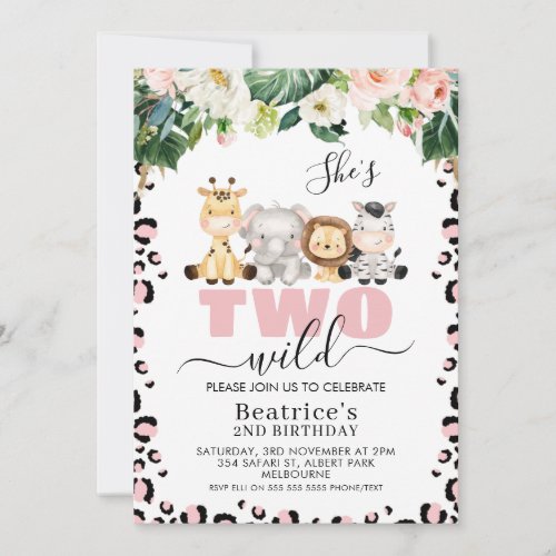 Pink Cheetah Print Cute Two Wild 2nd Birthday Invitation