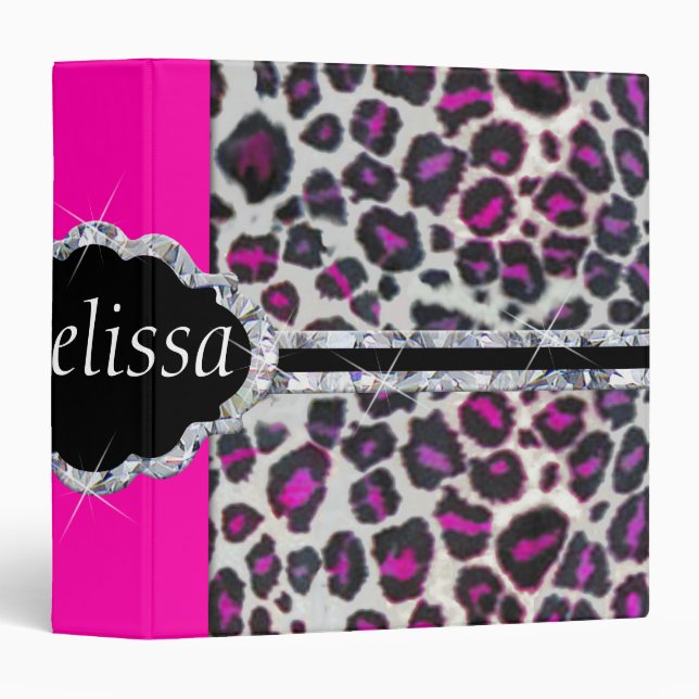 Pink Cheetah Print Diamond Monogram 3 Ring Binder (Front/Spine)