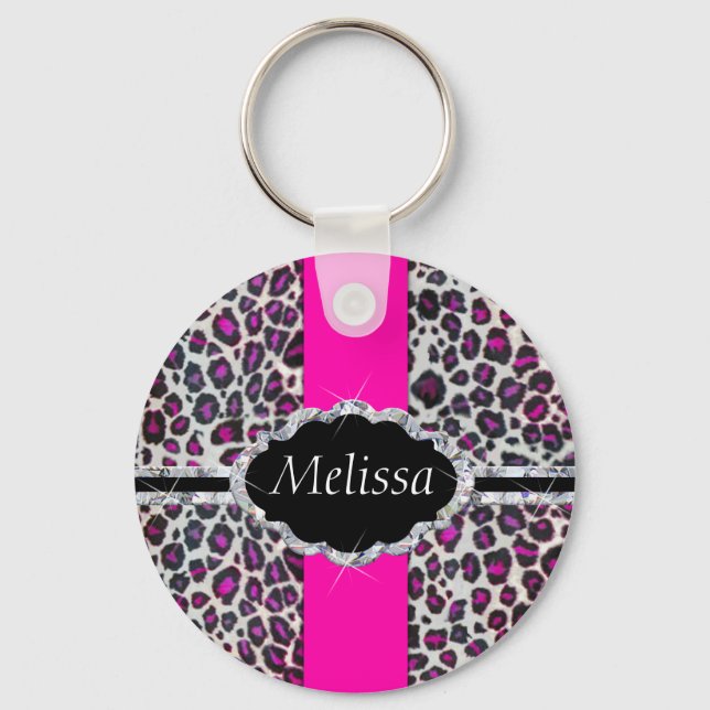 Pink Cheetah Print Diamond Monogram Keychain (Front)