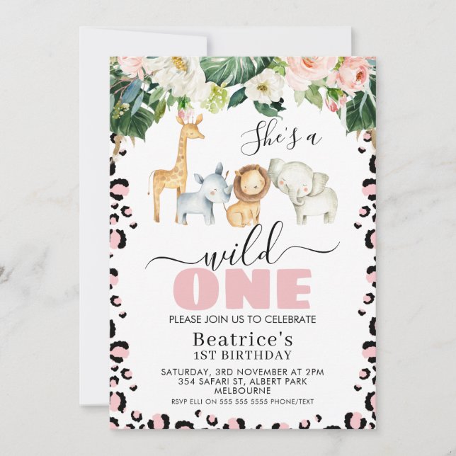 Pink Cheetah Print Girls Wild One 1st Birthday Invitation (Front)