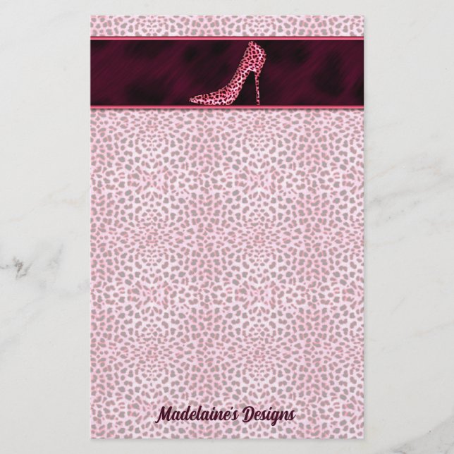 Pink Cheetah Print with Name and Pump Stationery (Front)