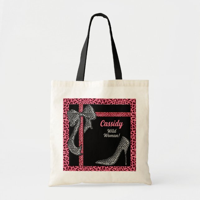 Pink Cheetah Print with Name on Black Tote Bag (Front)