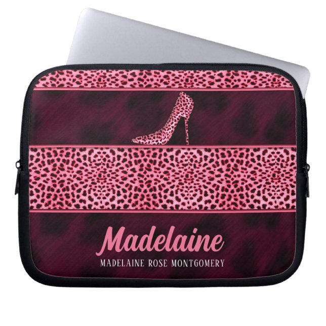 Pink Cheetah Print with Stiletto Heel Laptop Sleeve (Front)