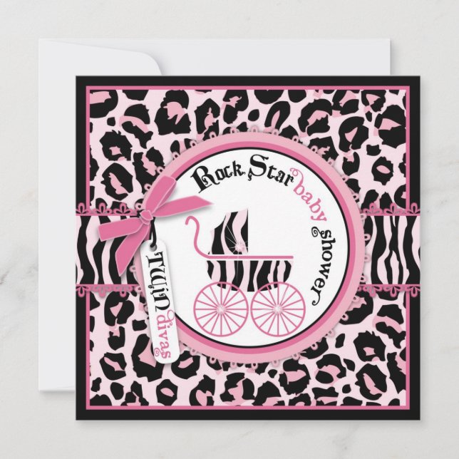 Pink Cheetah Rock Star Baby Carriage Baby Shower Invitation (Front)