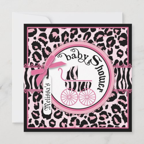 Pink Cheetah Rock Star Baby Carriage Baby Shower Personalized Invitation