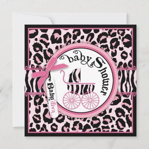 Pink Cheetah Rock Star Baby Carriage Baby Shower Invitation