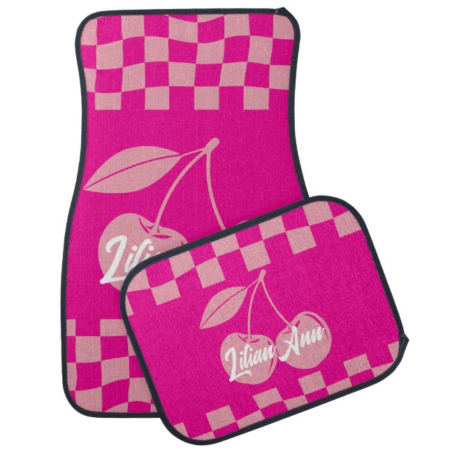 Pink Cherries Personalized Name Car Floor Mat (Set)