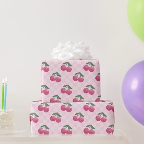 Pink Cherries Y2K Cute Retro Pattern Wrapping Paper