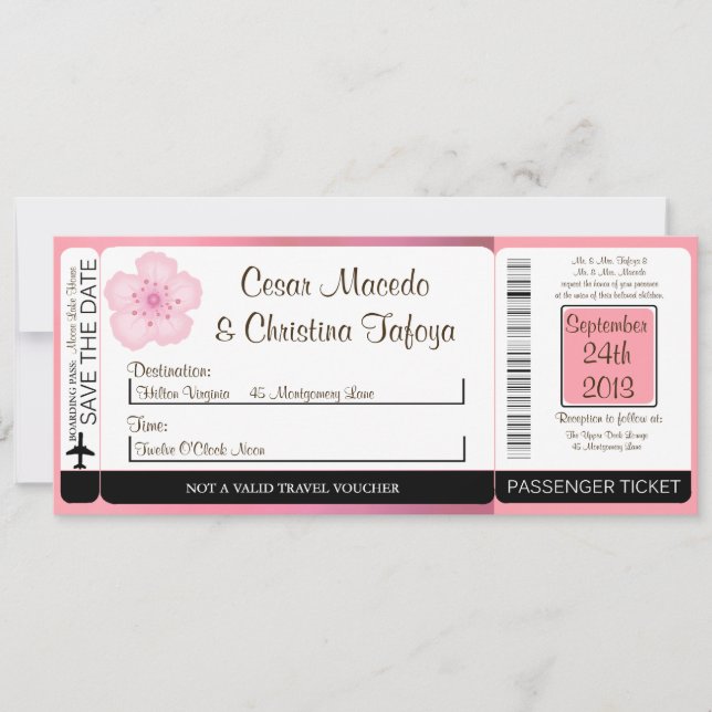 Pink Cherry Bloss Boarding Pass Wedding Invitation (Front)