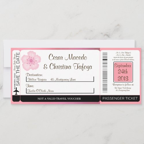 Pink Cherry Bloss Boarding Pass Wedding Invitation