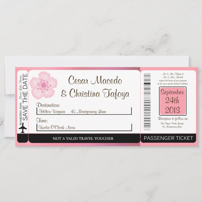 Pink Cherry Bloss Boarding Pass Wedding Invitation | Zazzle