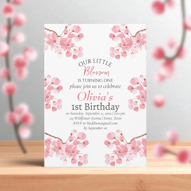 Pink Cherry Blossom 1st First Birthday Floral  Invitation (Creator Uploaded)