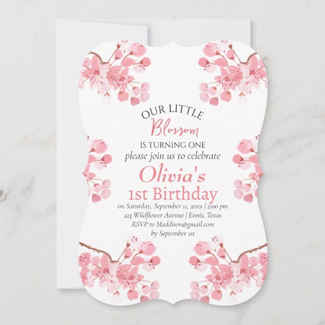 Pink Cherry Blossom 1st First Birthday Floral  Invitation (Front)