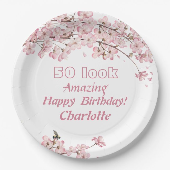 Pink Cherry Blossom 50th Birthday Party Paper Plates (Front)