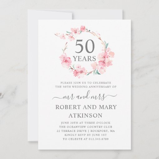 Pink Cherry Blossom 50th Wedding Anniversary Invitation | Zazzle