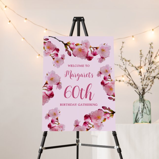 Pink Cherry Blossom 60th Birthday Party Welcome Foam Board (In Situ (Stand))