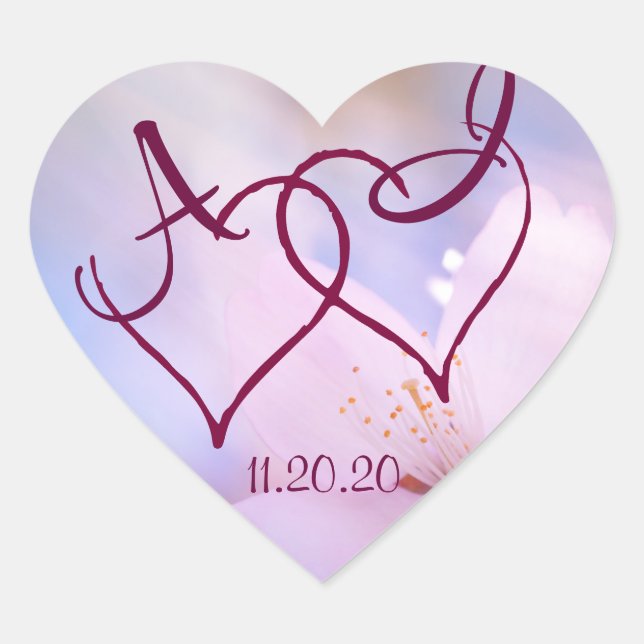 Pink cherry blossom and two hearts customizable heart sticker (Front)