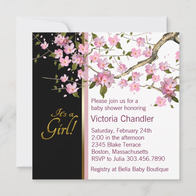 Pink Cherry Blossom Baby Shower Invitations (Front)