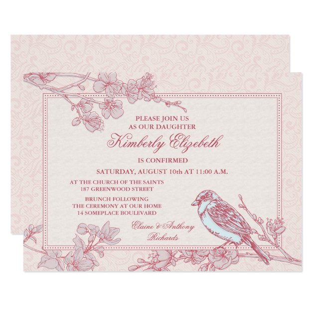 Pink Cherry Blossom Bird Confirmation Invitation