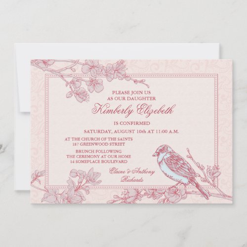 Pink Cherry Blossom Bird Confirmation Invitation