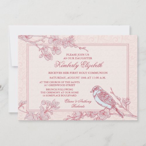 Pink Cherry Blossom Bird First Communion Invitation